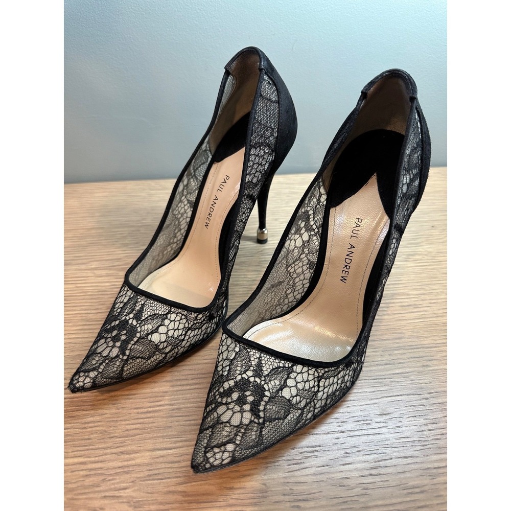 Paul Andrew Lace Pointed Toe Pumps Black Stiletto Heels EU 36.5 Italy